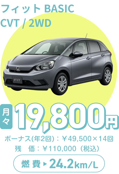 フィット BASIC CVT/2WD　月々19,800円、ボーナス（年2回）：¥49,500×14回　残価：¥110,000（税込）　燃費24.2km/L