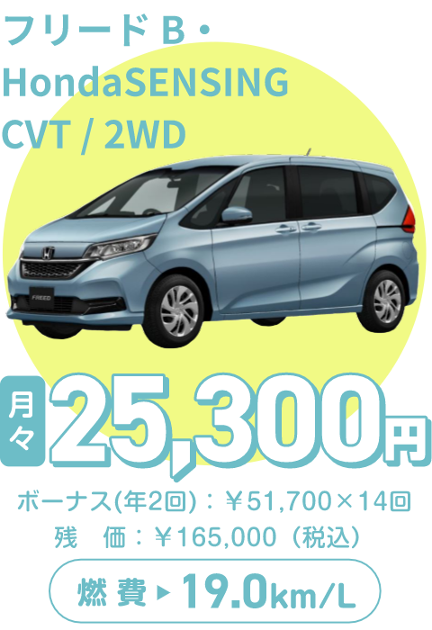 フリードB・HondaSENSING CVT/2WD　月々25,300円、ボーナス（年2回）：¥51,700×14回　残価：¥165,000（税込）　燃費19.0km/L